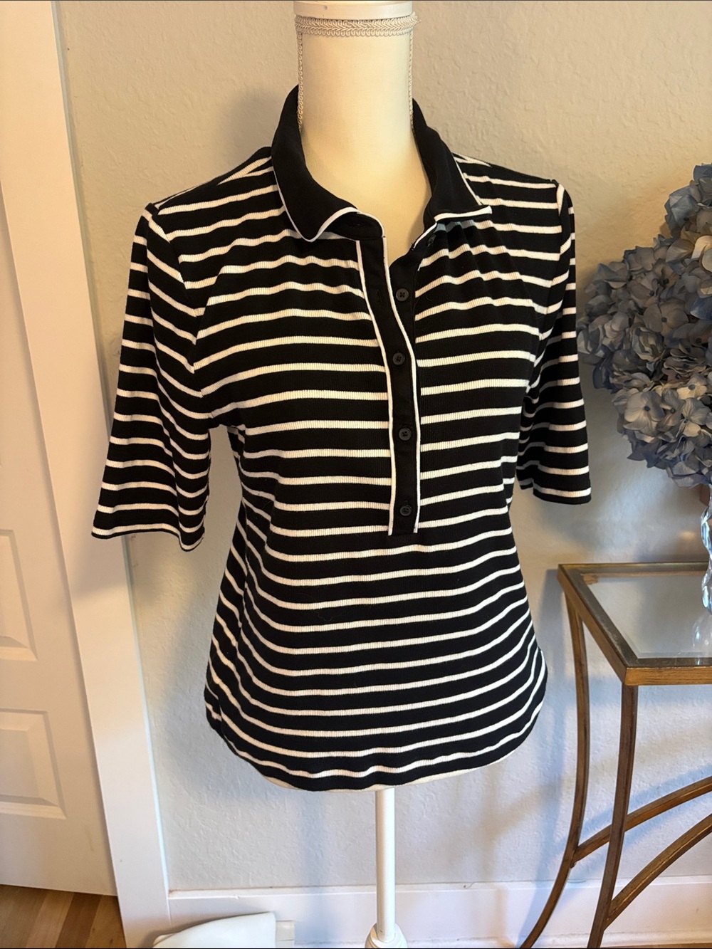 LOFT Black and White Striped Button-Down Polo Top